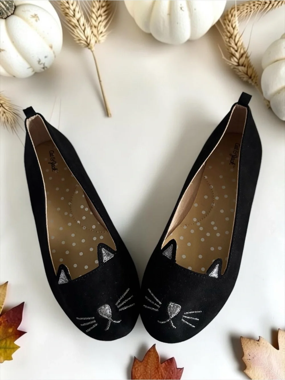 Cat & Jack Big Girls Size 4 Black Cat Face Flats EUC